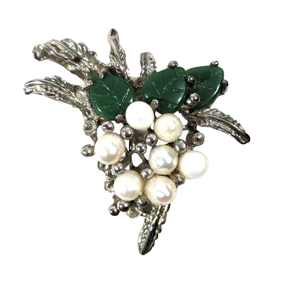 Grapevine Cluster Silver Pin Brooch Faux Pearls Green Leaves Vintage 1960's